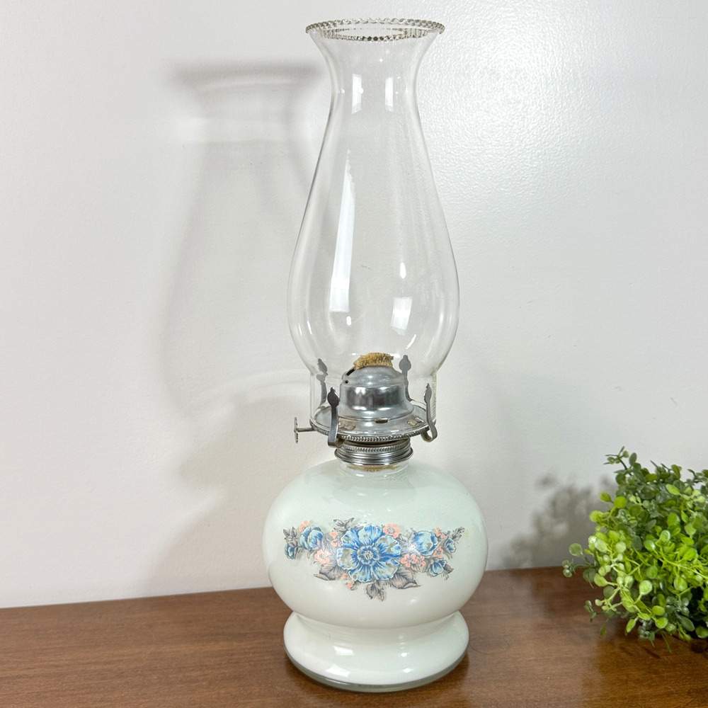 Vintage Lamplight Farms Oil Lamp Kerosene Hurricane Lantern Blue Floral